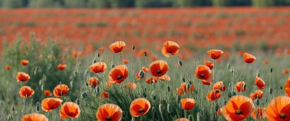 Poster - Vibrant Field of Wild Red Poppies Blooming Under Bright Sunlight with Abundant Greenery and Space for Text Overlay