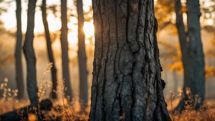 Poster - Majestic tree trunk with rough texture illuminated by morning sunlight in a tranquil forest setting.