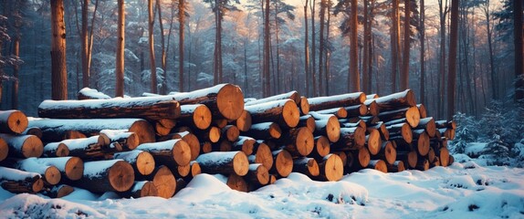 Poster - Winter scene of timber logs stacked in a snow-covered forest with tall trees and soft sunlight filtering through, creating a serene atmosphere.