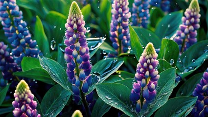 Poster - Vibrant lupine flowers with water droplets on green leaves creating a refreshing natural landscape in full bloom.