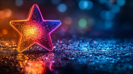 Poster - Glowing multicolored star on sparkling surface with bokeh effect in background, warm and cool tones. Festive decoration and celebration concept