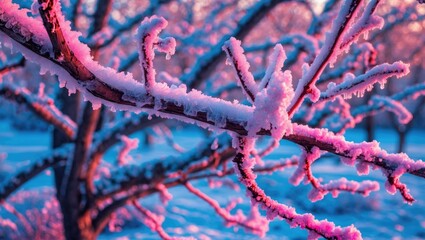 Wall Mural - Frost-covered tree branches glistening in soft winter light showcasing nature's beauty and tranquility in a serene landscape.