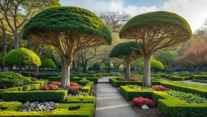 Poster - Lush Park Garden Featuring Sculpted Trees and Colorful Flowerbeds in a Serene Natural Landscape