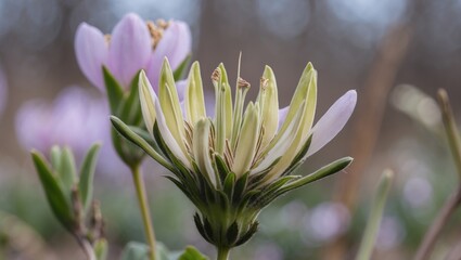 Poster - Wildflower bud emerging before full bloom with delicate petals and green leaves set against a soft blurred background.