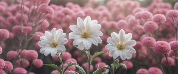 Poster - Three Elegant White Flowers Surrounded By Vibrant Pink Blooms With Space For Text In A Serene Natural Setting