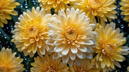 Poster - Yellow chrysanthemum flowers with water droplets viewed from above showcasing their beauty and delicate structure in a vibrant floral arrangement.