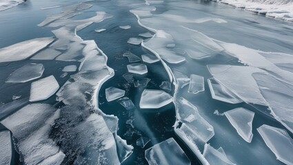 Wall Mural - Frozen river surface with irregular ice patterns and clear water visible beneath, showcasing nature's winter beauty and unique textures.