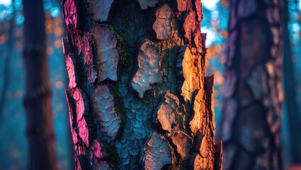Poster - Textured Tree Bark Close-Up with Colorful Highlights in Soft Forest Light