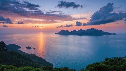 Poster - Stunning twilight landscape view from island viewpoint featuring vibrant sunset and serene ocean reflections with dramatic cloud formations.