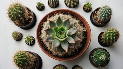 Poster - Diverse Collection of Cacti in Pots Displayed on White Background from Top View Perfect for Nature and Interior Design Themes