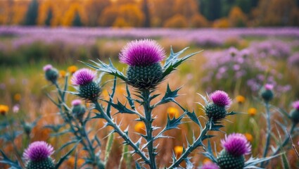 Poster - Thistle Flowers in Bloom Against Autumn Meadow Landscape with Colorful Foliage and Copy Space for Text or Design Elements
