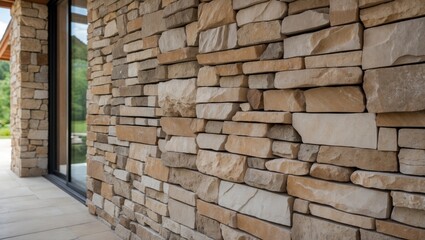 Poster - Natural stone wall texture of a modern house showcasing close-up details and earthy tones with a contemporary design aesthetic.