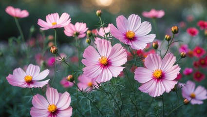 Poster - Delicate pink cosmos flowers in bloom showcasing natural beauty with blurred garden background and shallow depth of field for a serene ambiance.