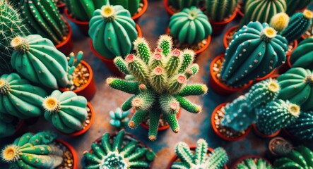 Poster - Aerial view of a vibrant cactus garden showcasing various shapes and sizes of lush cacti in decorative pots with a focus on the center plant.