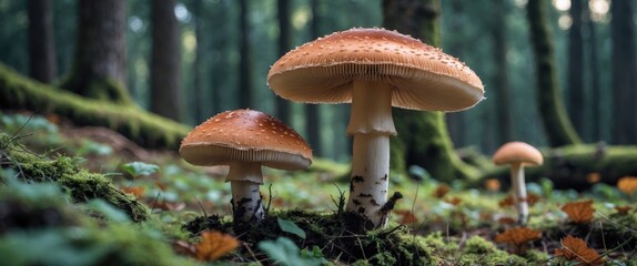 Poster - Mushrooms Growing in a Lush Forest with Natural Background Perfect for Text Overlays and Nature Themes