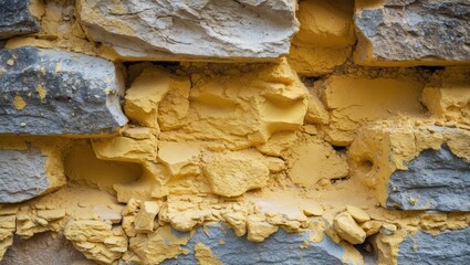Poster - Close-up of a textured stone wall with yellow dry plaster showcasing a blend of rough stone and vibrant paint for architectural backgrounds.