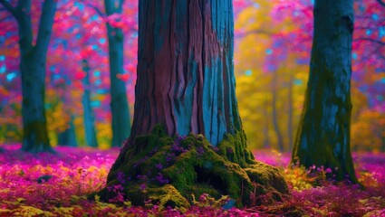 Poster - Vibrant tree trunk in a colorful forest with moss and flowers, showcasing vivid hues of pink and yellow in an enchanting natural setting.