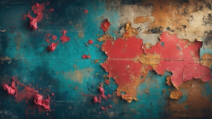 Poster - Colorful distressed wallpaper texture with peeling paint and grunge effect suitable for backgrounds or vintage design projects.