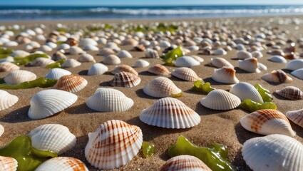 Poster - Scattered seashells on brown sandy beach with lush green algae under bright sunlight and gentle ocean waves in background.