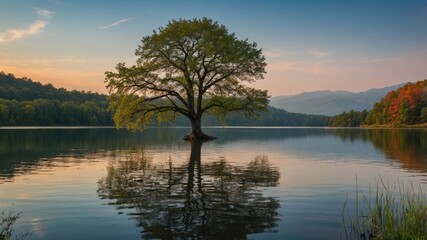 Poster - Serene Sunset Reflection of a Lone Tree Over a Tranquil Lake Surrounded by Lush Mountains and Calm Waters