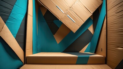 Poster - Abstract cardboard box interior showcasing dynamic diagonal lines with a blend of natural and turquoise textures for creative designs.