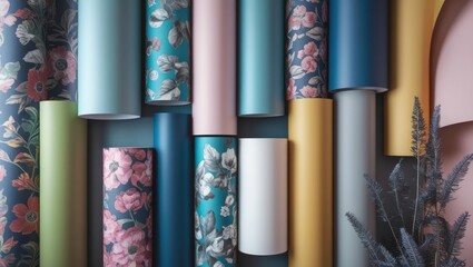 Poster - vibrant assortment of modern wallpaper rolls showcasing trendy floral and solid designs for stylish 