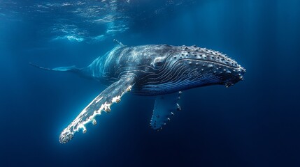 Poster - Majestic humpback whale swimming gracefully underwater, deep blue ocean. Marine wildlife and conservation concept