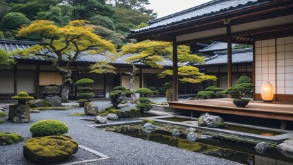 Poster - Serene Japanese Garden with Traditional Architecture and Lush Greenery in Tranquil Urban Setting