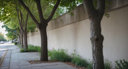 Poster - Lush trees lining a sidewalk against a textured wall creating a serene urban landscape with greenery and tranquility.