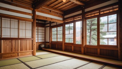 Wall Mural - Traditional Japanese interior showcasing pine wood walls, tatami flooring, and wooden windows with natural light streaming in.