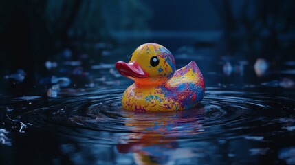 Poster - Vibrant rubber duck with colorful paint splashes floating in dark, calm water at night. Childhood nostalgia and whimsical play concept