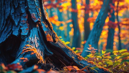 Poster - Autumn forest scene showcasing detailed tree bark texture with vibrant foliage and soft sunlight filtering through the trees