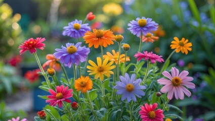Poster - Vibrant summer flowers in a garden setting with colorful blooms and soft focus, featuring space for text or captions.