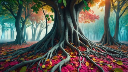 Poster - Majestic tree roots surrounded by vibrant autumn leaves in a serene forest scene ideal for nature-themed wallpaper design.