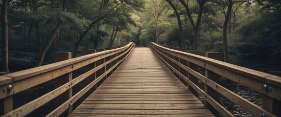 Poster - A Serene Wooden Bridge Embraced by Lush Greenery in a Tranquil Forest Setting