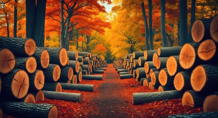 Poster - Autumn forest scene with neatly arranged tree logs showcasing vibrant fall foliage and a serene path through the woods.
