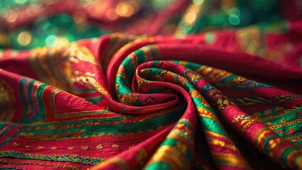Poster - Vibrant textured fabric showcasing traditional tribal patterns from northern Thailand in rich colors perfect for backgrounds and textile design.