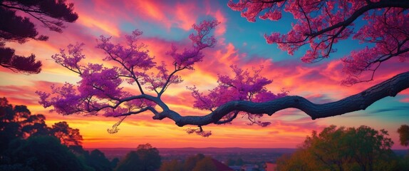 Poster - Vibrant tree branch framing a breathtaking sunset with colorful clouds and a serene landscape in the background