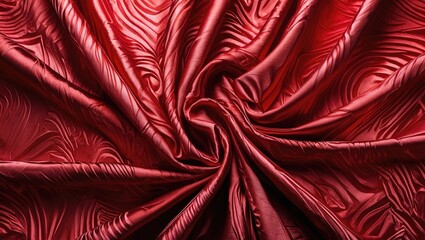 Poster - Textured red satin fabric with intricate patterns creating a glossy surface ideal for upscale fashion or interior design backgrounds.