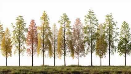 Poster - Colorful Trees Isolated on White Background Ideal for Print and Web Design with Green Grass at the Base Creating a Natural Aesthetic