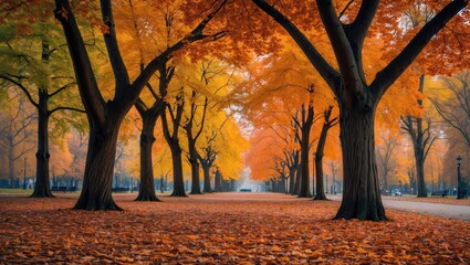 Poster - Autumn landscape with vibrant orange and yellow trees in a serene park setting showcasing fallen leaves on the ground.