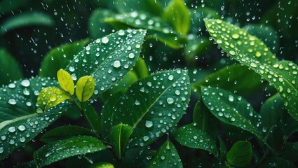 Poster - Raindrops on lush green leaves with a natural background providing empty space for text or captions. Perfect for nature-themed designs.