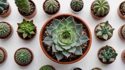 Poster - Cactus Collection in Various Pots with Succulent Centerpiece on White Background from Top View