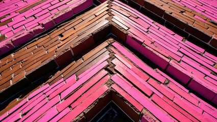 Poster - Colorful brick pattern featuring pink and brown bricks arranged in diagonal lines creating a distinct geometric texture and vibrant design.