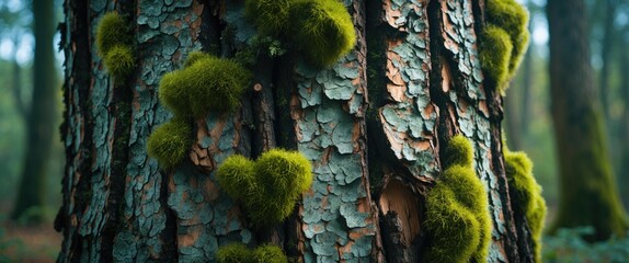 Poster - Textured tree bark adorned with vibrant moss in a tranquil forest setting showcasing nature's intricate beauty and ecological diversity.