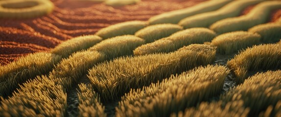 Poster - Aerial view of textured rice field patterns after harvest showcasing abstract landscape and vibrant colors in natural light.