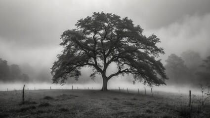 Poster - Misty landscape featuring a solitary tree in black and white, evoking a sense of calm and mystery in a serene natural setting.