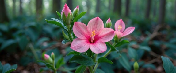 Poster - Delicate pink flowers blooming in a serene forest setting with vibrant green foliage showcasing the beauty of nature's elegance.