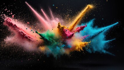 Poster - Vibrant explosion of colorful powders against a dark background showcasing dynamic motion and artistic texture in a captivating visual display.