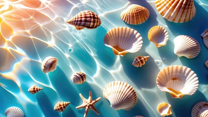 Poster - Abstract Top View of Colorful Seashells Floating in Sunlit Water with Gentle Waves and Reflections Ideal for Summer-themed Designs and Backgrounds
